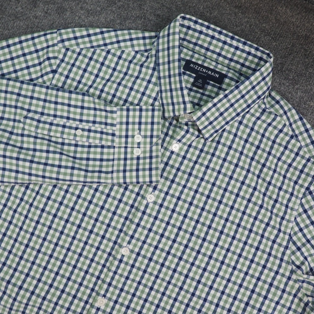 Mizzen+Main Shirt Mens XL Leeward Green Blue Gingham Performance Business Casual